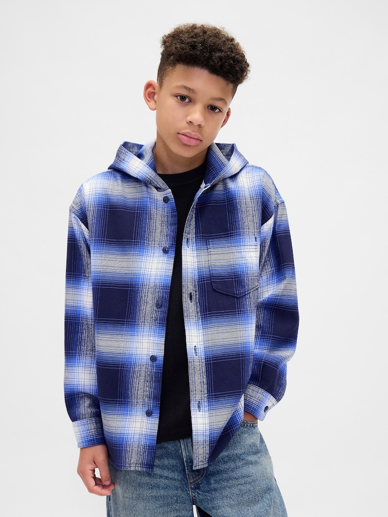 Kids Organic Cotton Hooded Flannel Shirt