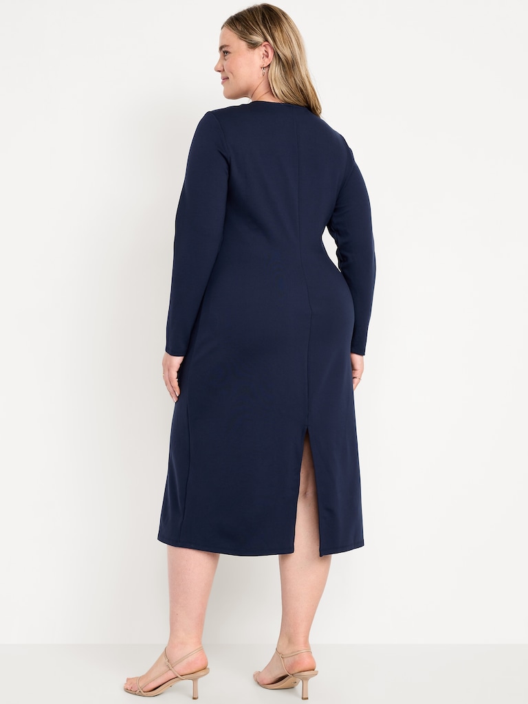 Long-Sleeve Twist-Neck Midi Dress