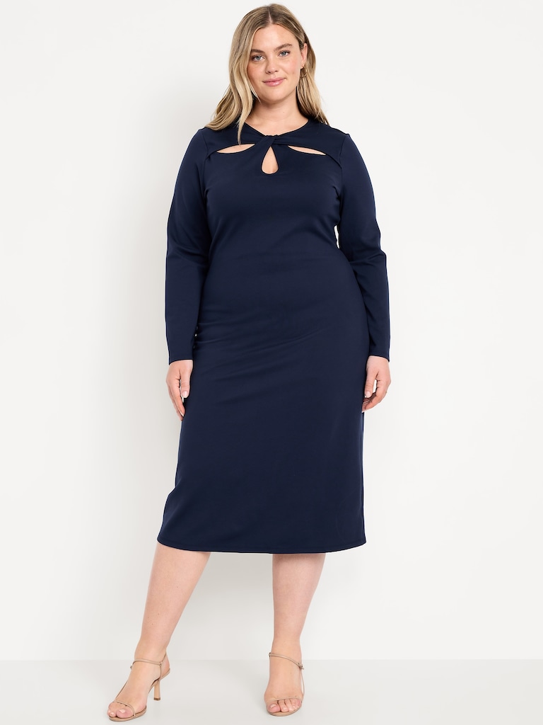 Long-Sleeve Twist-Neck Midi Dress