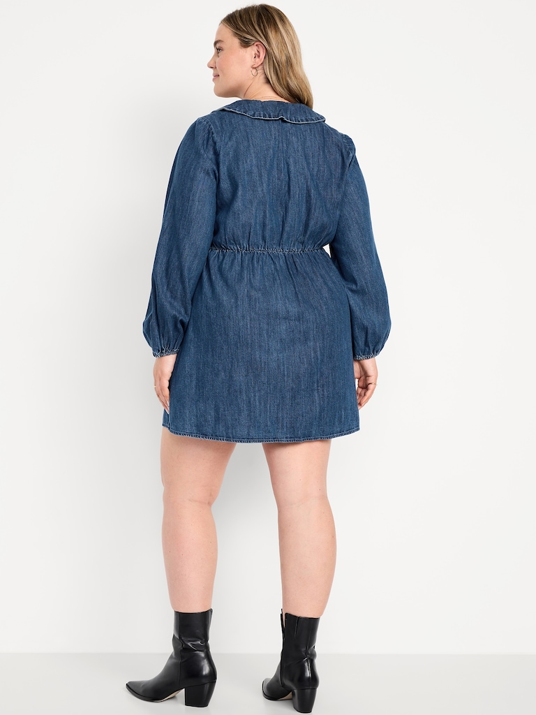 Long-Sleeve Fit & Flare Collared Jean Mini Dress