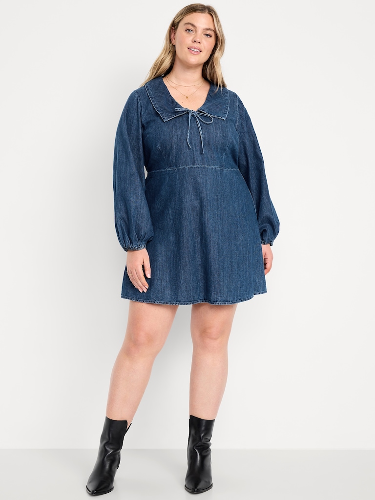 Long-Sleeve Fit & Flare Collared Jean Mini Dress