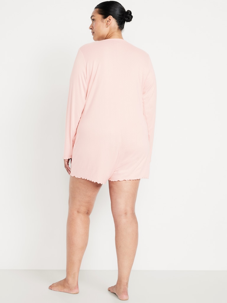 Long-Sleeve Pointelle Henley Pajama Romper