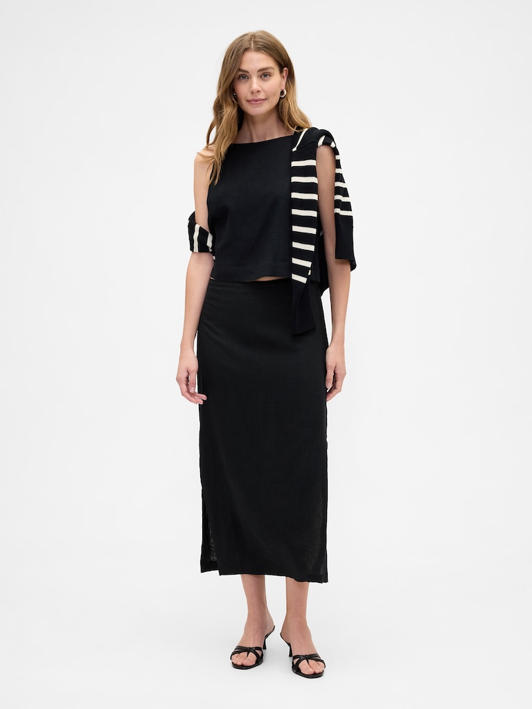 Linen-Blend Maxi Slip Skirt