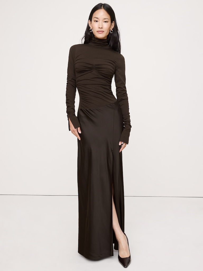 Jersey & Stretch-Satin Ruched Maxi Dress