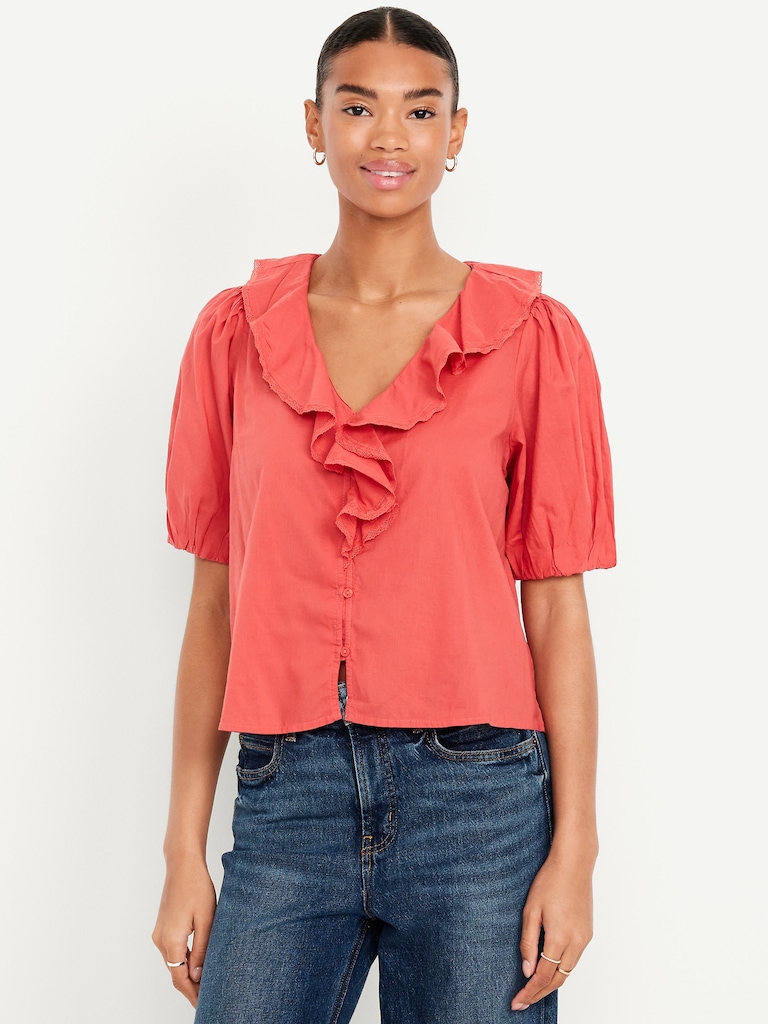 Ruffle Collar Button-Down Top