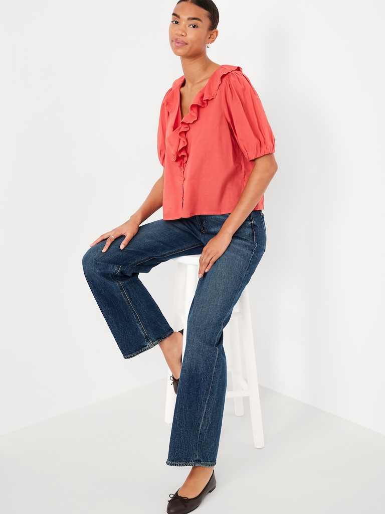Ruffle Collar Button-Down Top