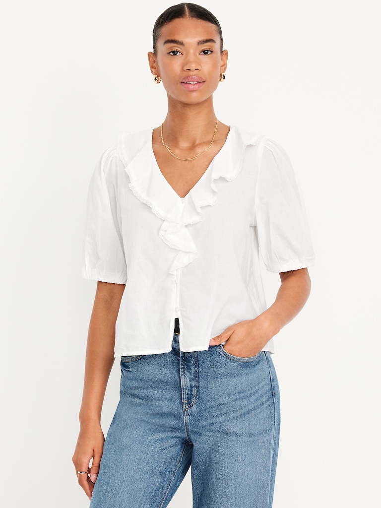 Ruffle Collar Button-Down Top