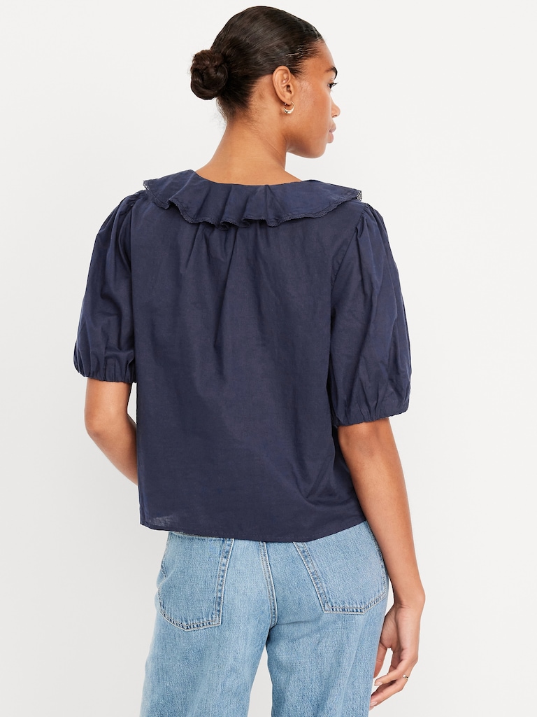 Ruffle Collar Button-Down Top