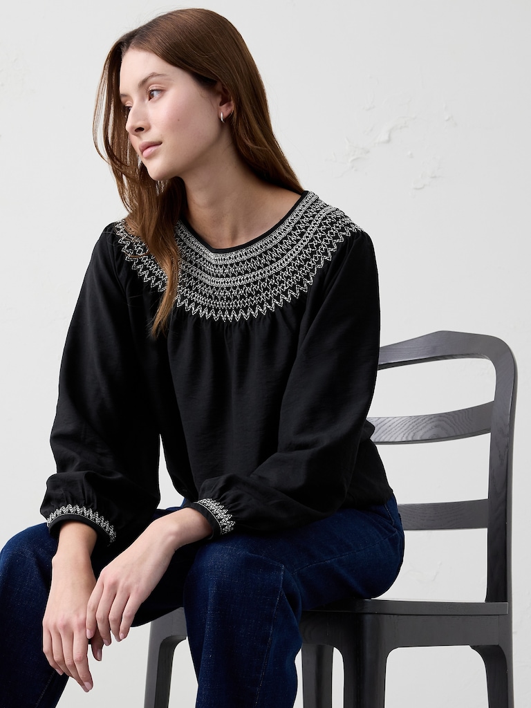 Embroidered-Neck Top