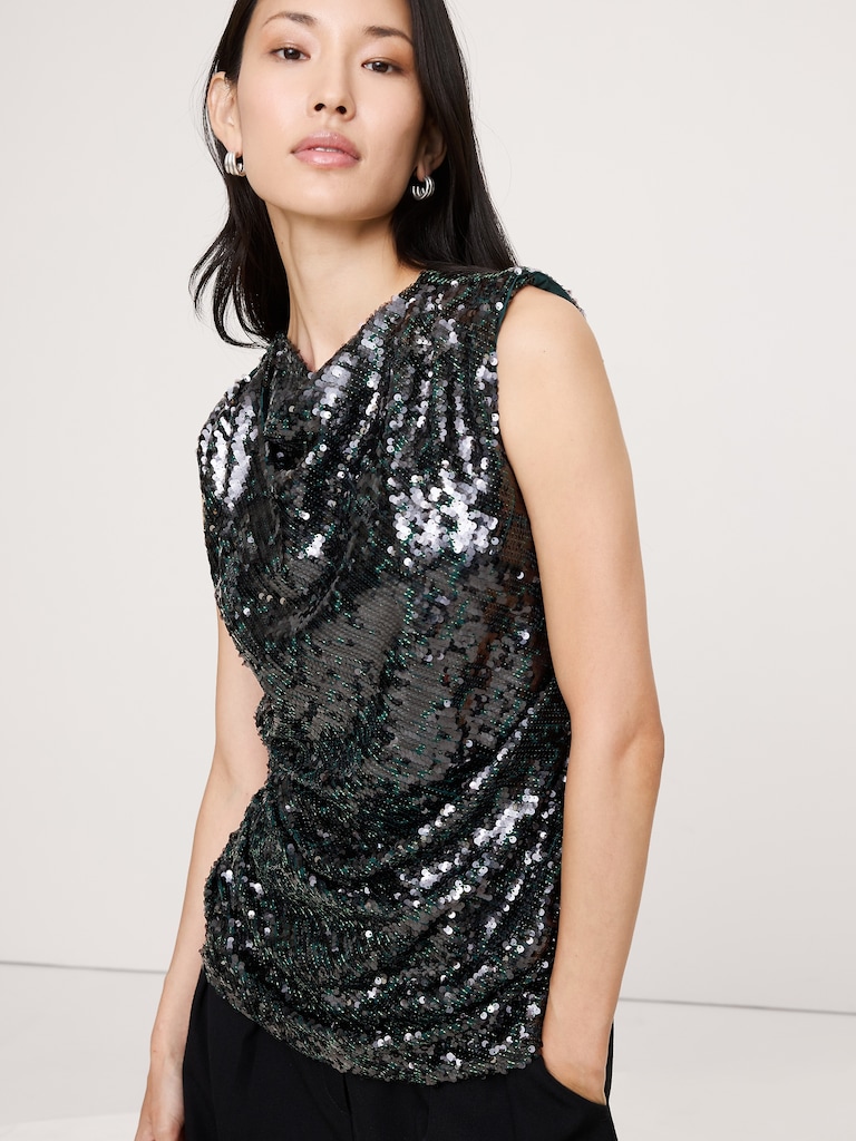 Bias-Cut Draped Sequin Top