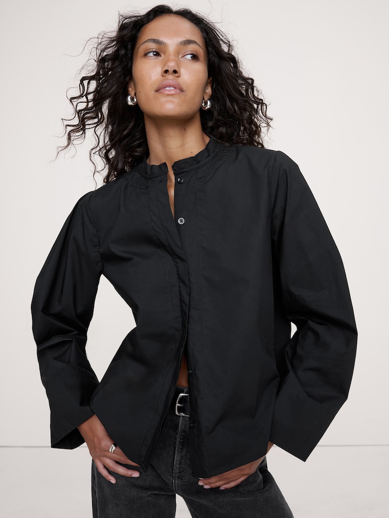 Cotton Poplin Banded-Collar Top
