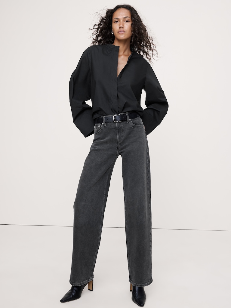 Cotton Poplin Banded-Collar Top