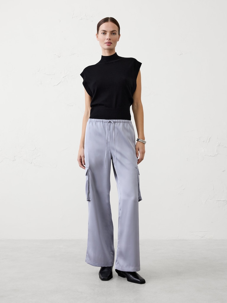 Wide-Leg Mid-Rise Satin Pull-On Cargo Pant