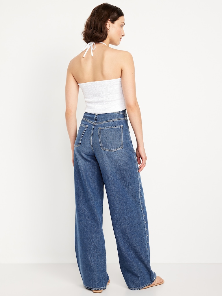 High-Waisted Baggy Wide-Leg Studded Jeans