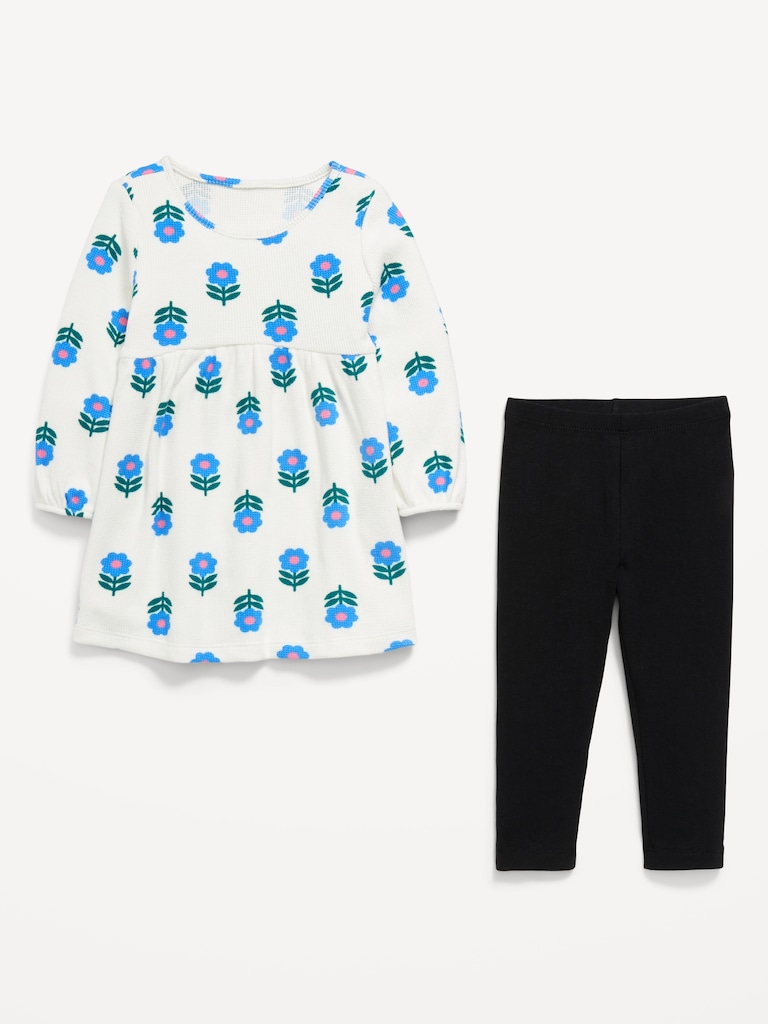 Long-Sleeve Waffle-Knit Dress and Leggings Set for Toddler Girls