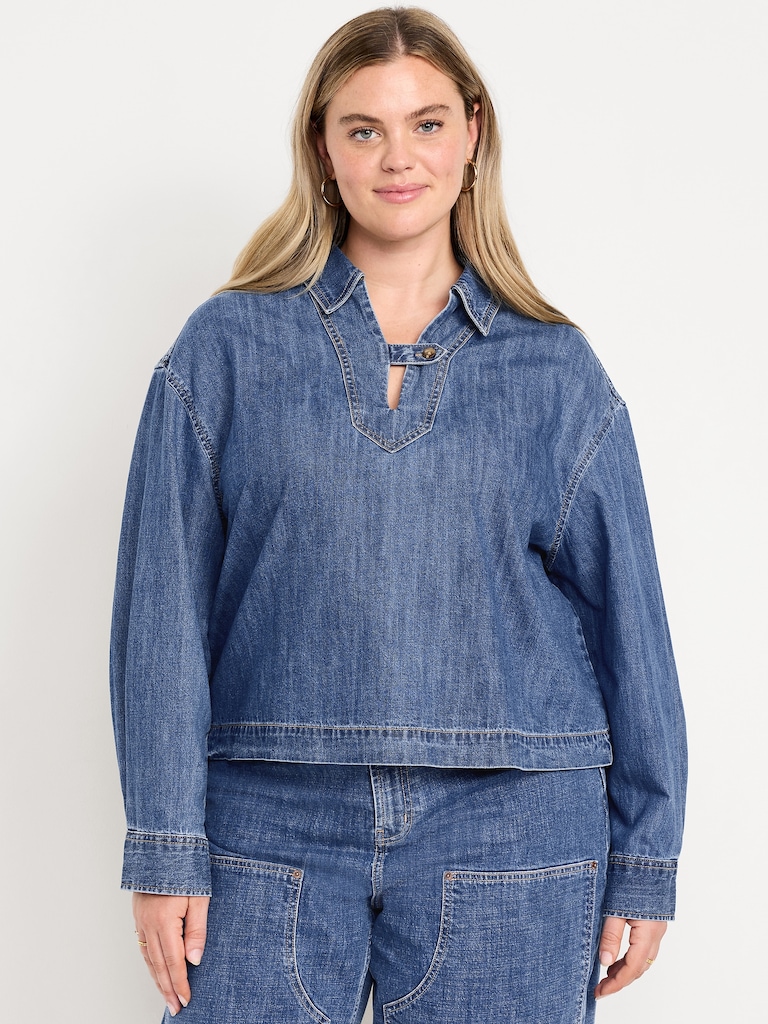 Long-Sleeve Popover Jean Shirt