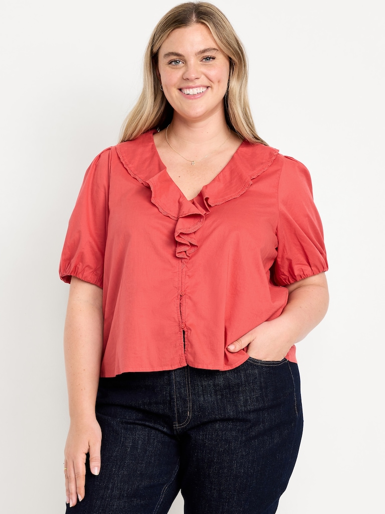Ruffle Collar Button-Down Top