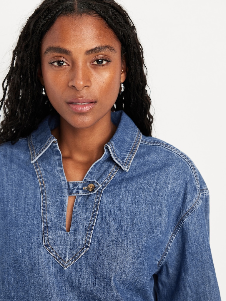 Long-Sleeve Popover Jean Shirt