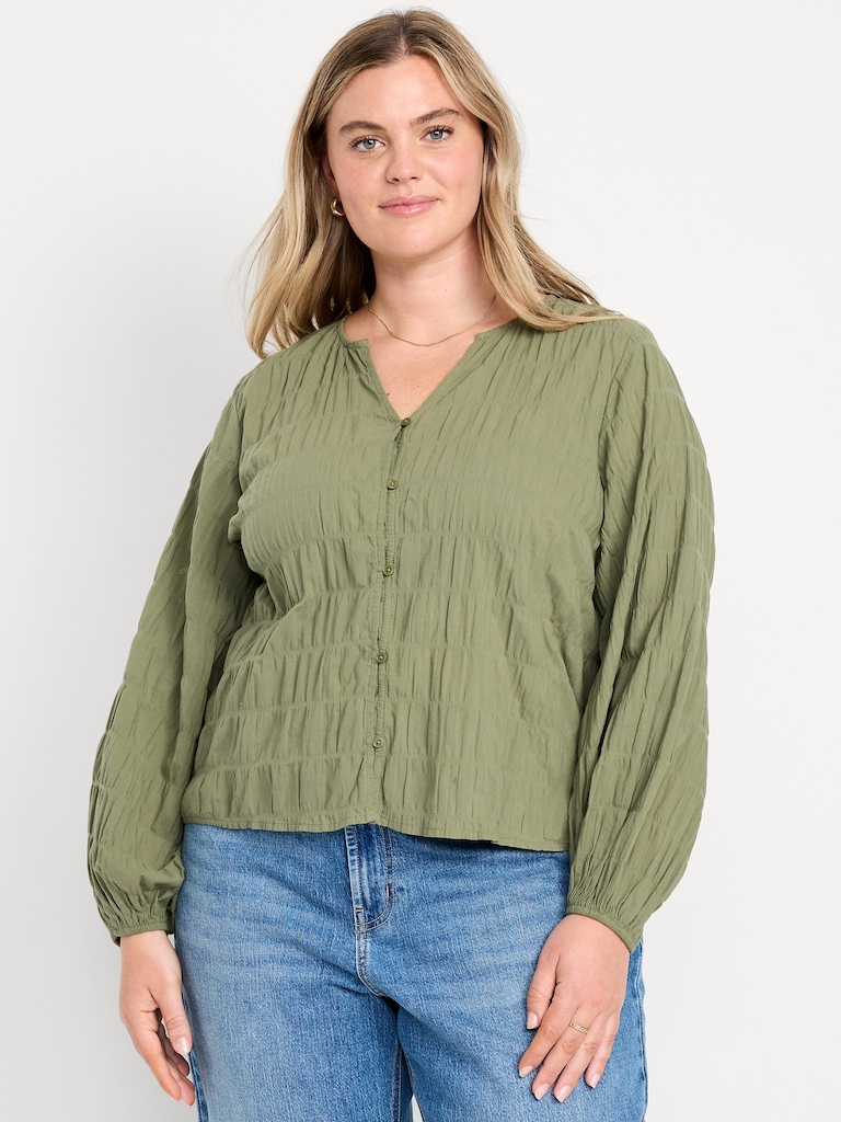 Lightweight Button-Down Smocked Top