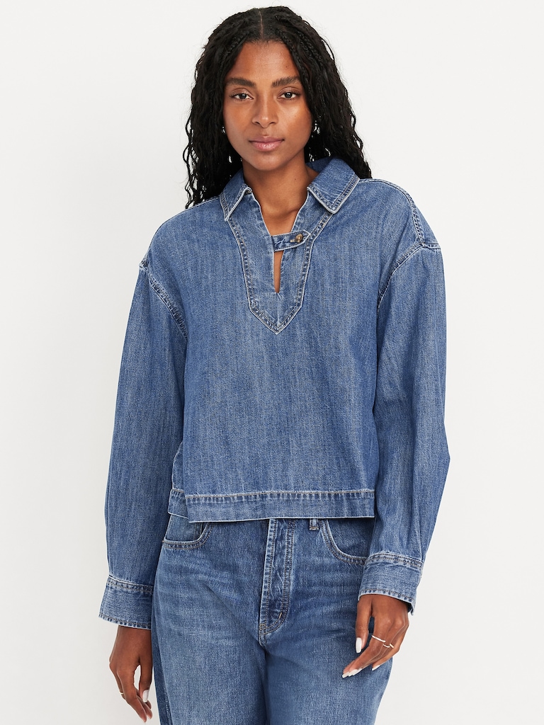 Long-Sleeve Popover Jean Shirt