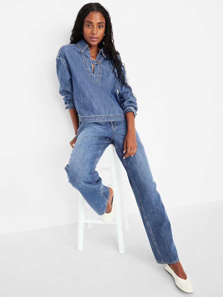 Long-Sleeve Popover Jean Shirt