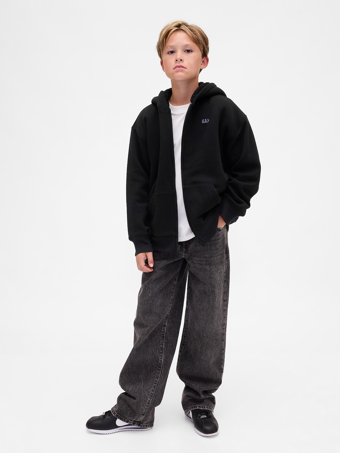 Kids Relaxed Sherpa-Lined Zip Logo Hoodie