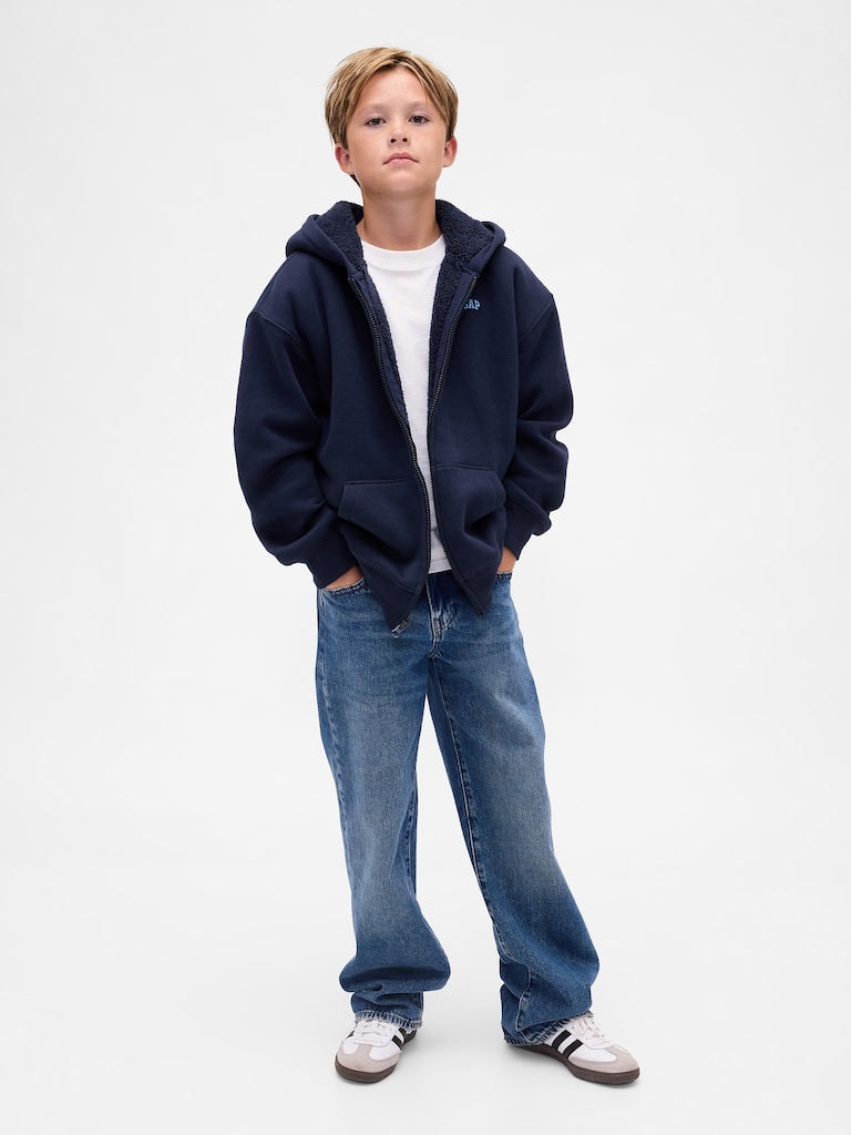 Kids Relaxed Sherpa-Lined Zip Logo Hoodie