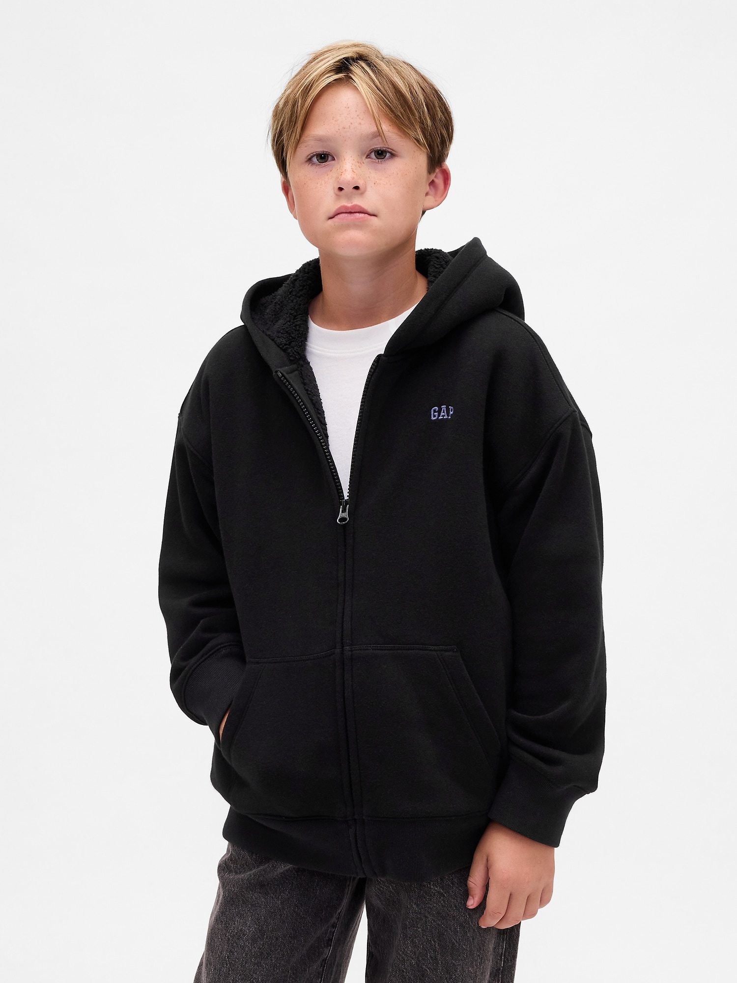Kids Relaxed Sherpa-Lined Zip Logo Hoodie | Gap