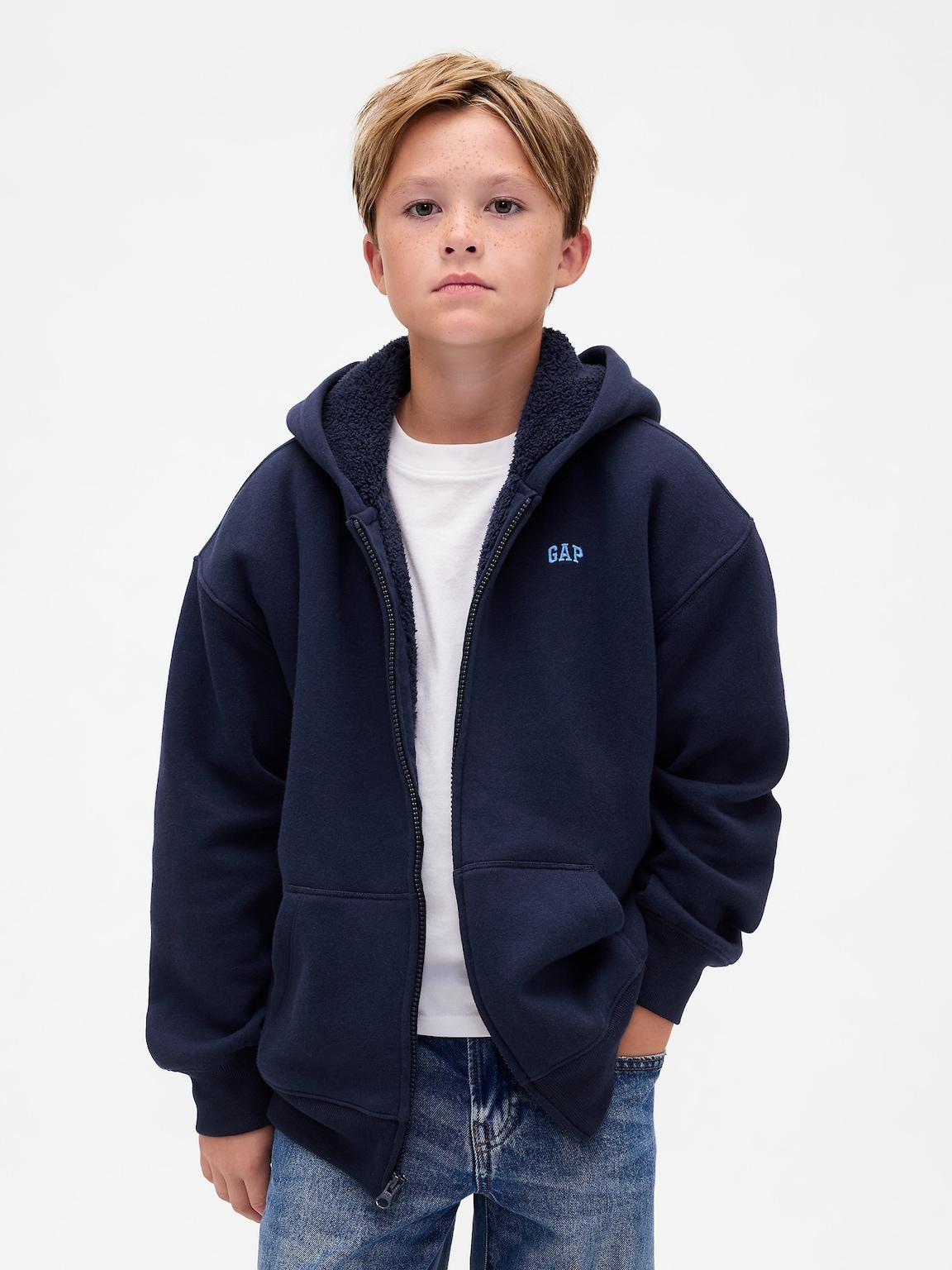 Kids Relaxed Sherpa-Lined Zip Logo Hoodie