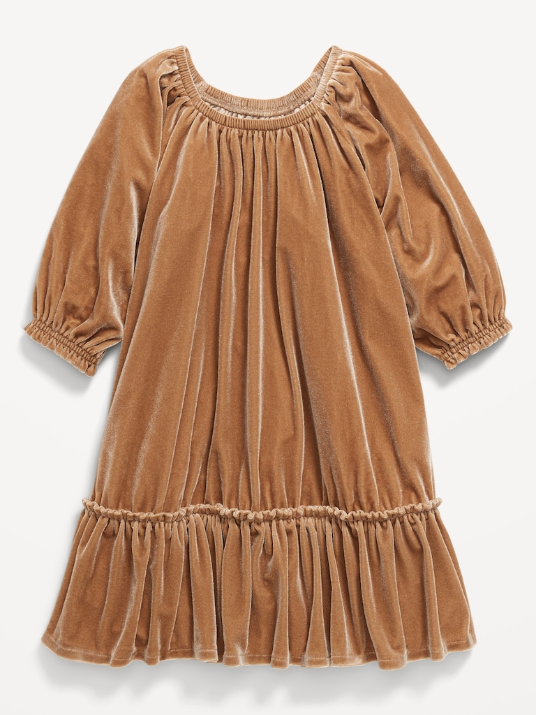 Puffy-Sleeve Velour Dress for Toddler Girls