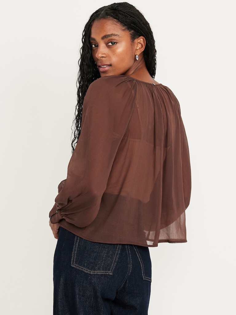 Shirred Chiffon Long-Sleeve Top