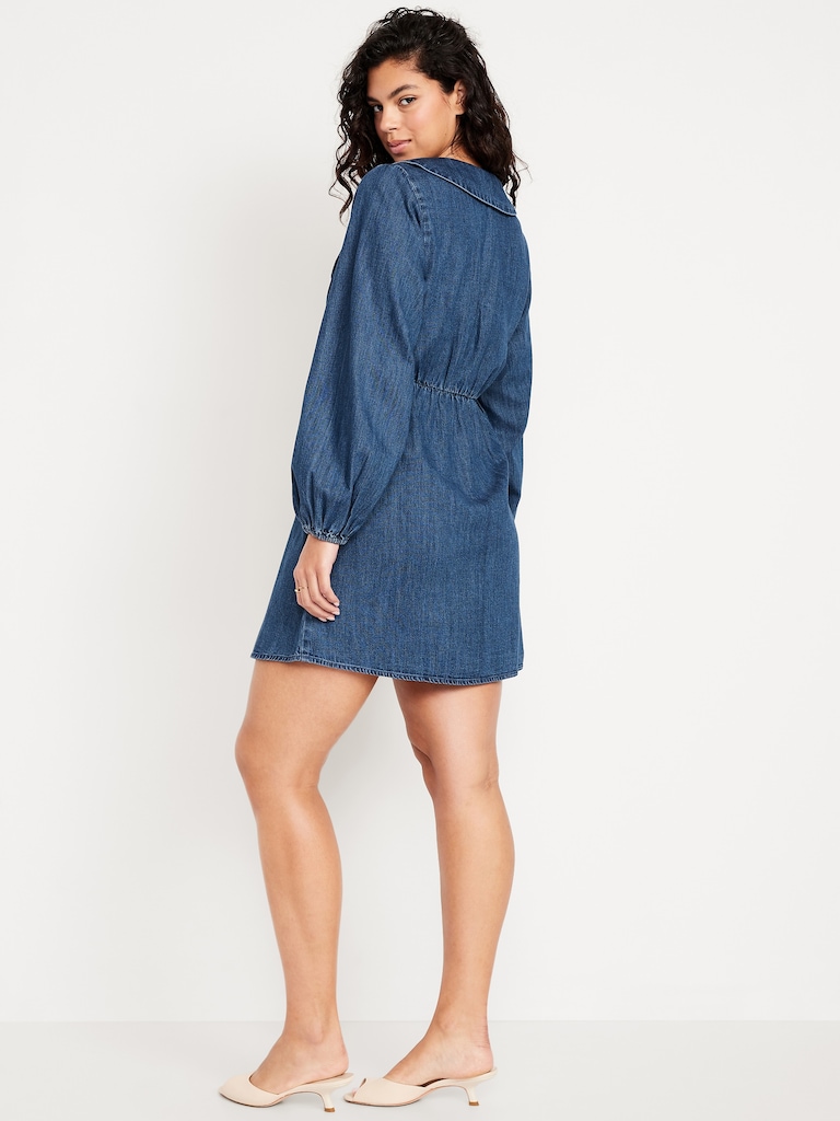 Long-Sleeve Fit & Flare Collared Jean Mini Dress