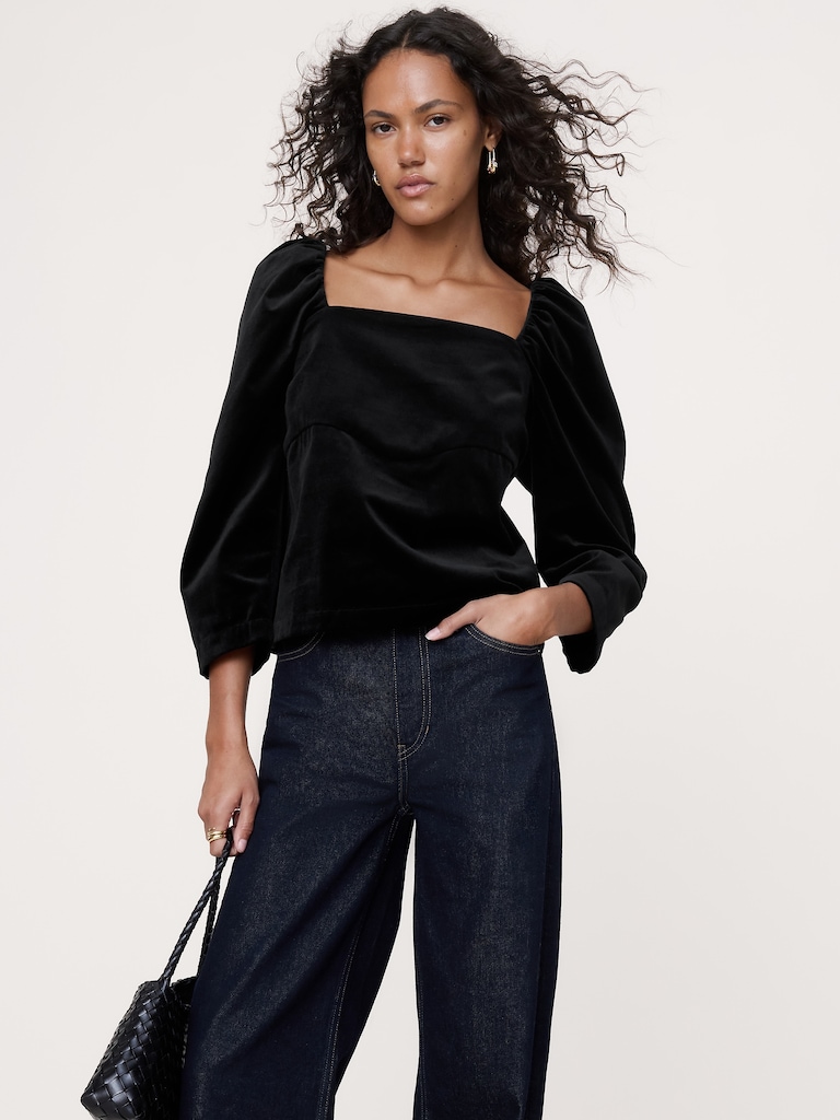 Cotton Velvet Puff-Sleeve Top