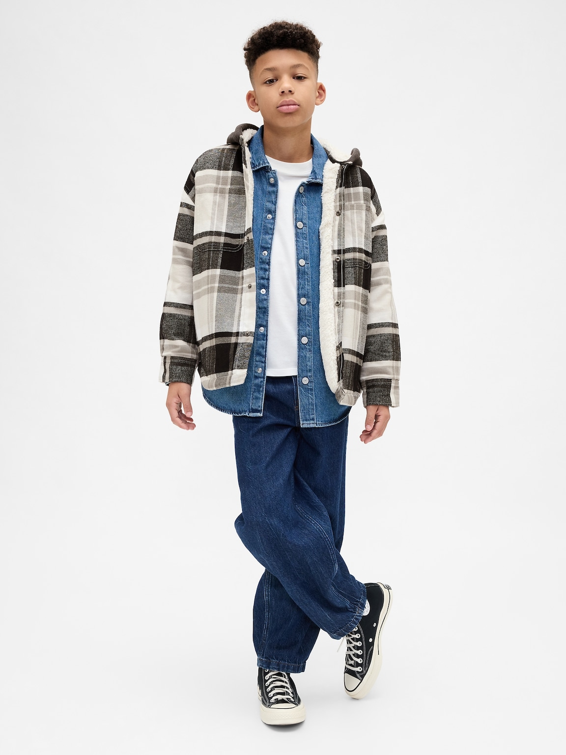 Kids Sherpa-Lined Hooded Flannel Shirt Jacket