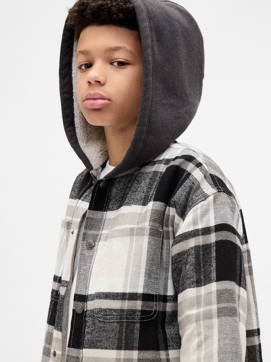 Kids Sherpa-Lined Hooded Flannel Shirt Jacket