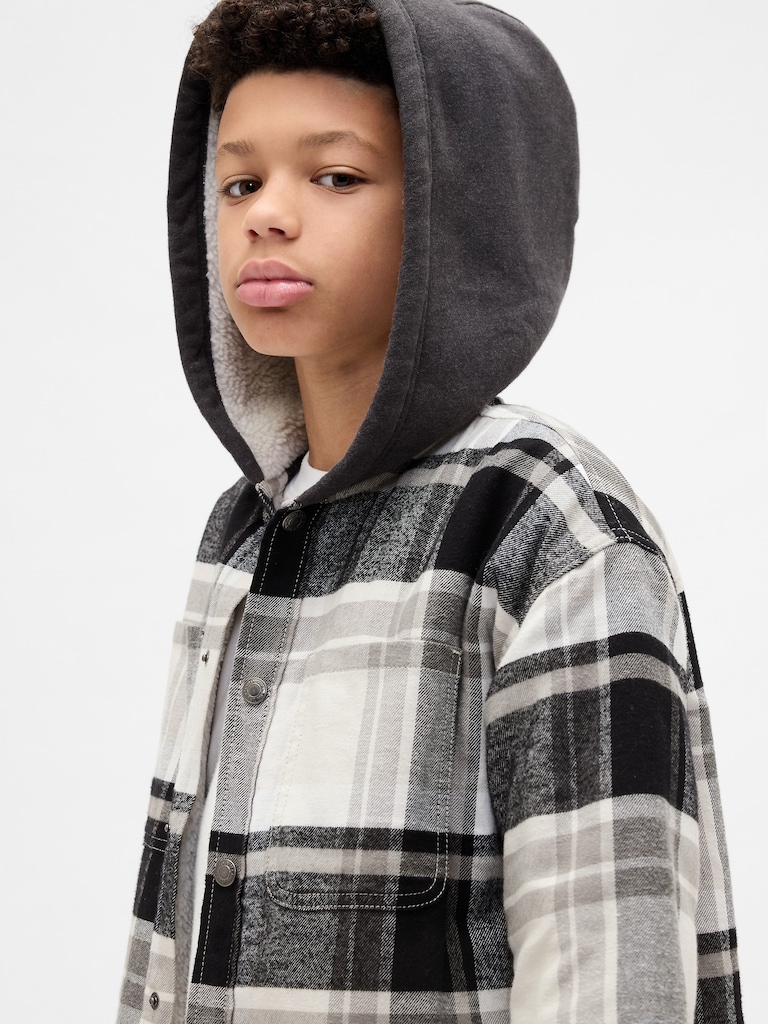 Kids Sherpa-Lined Hooded Flannel Shirt Jacket