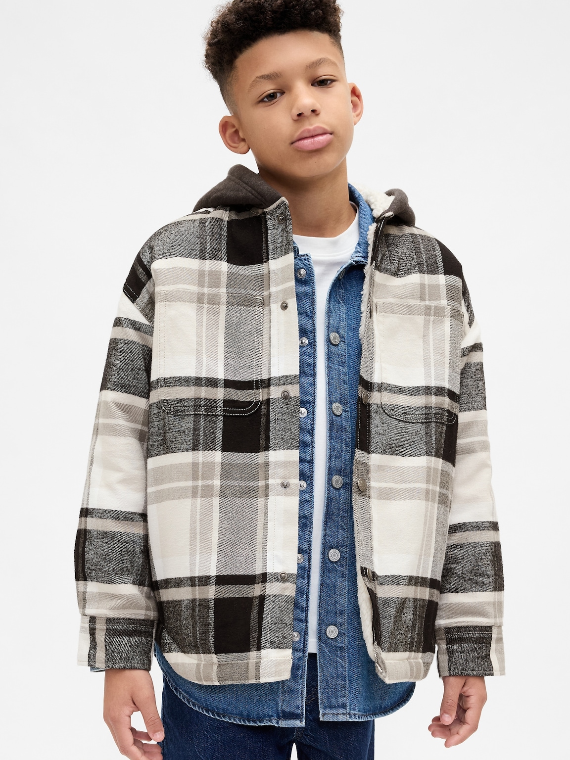 Kids Sherpa-Lined Hooded Flannel Shirt Jacket