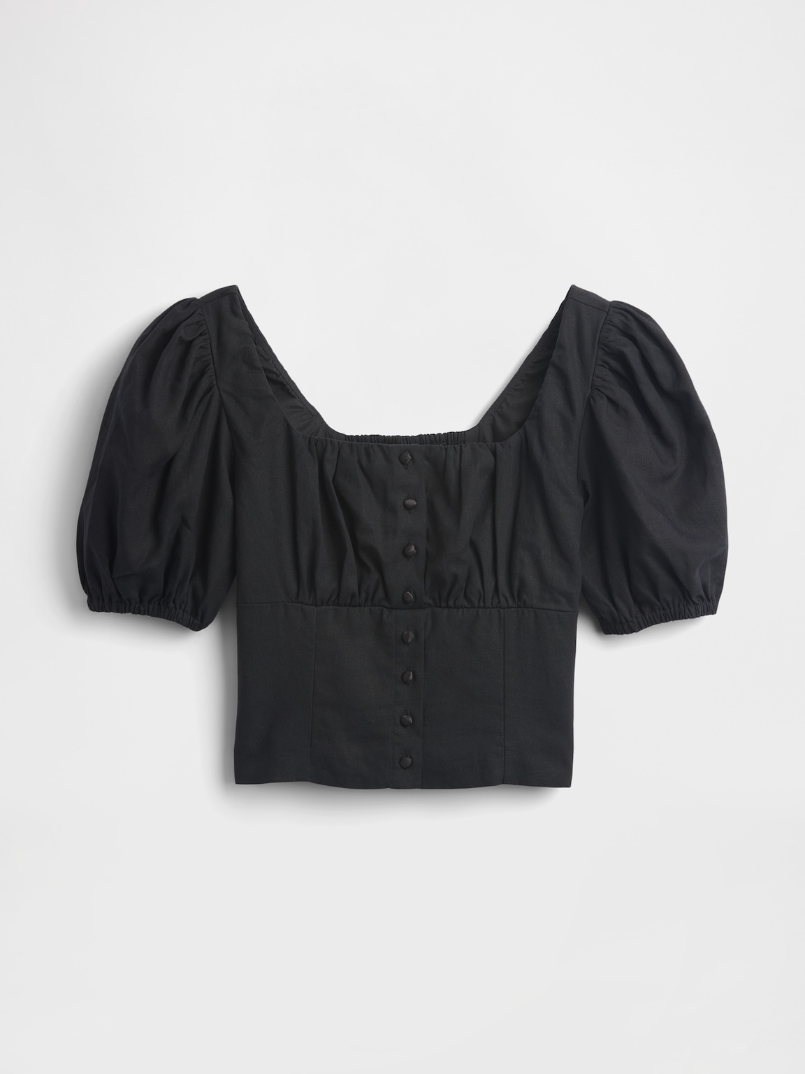 Linen-Blend Puff-Sleeve Crop Corset Top