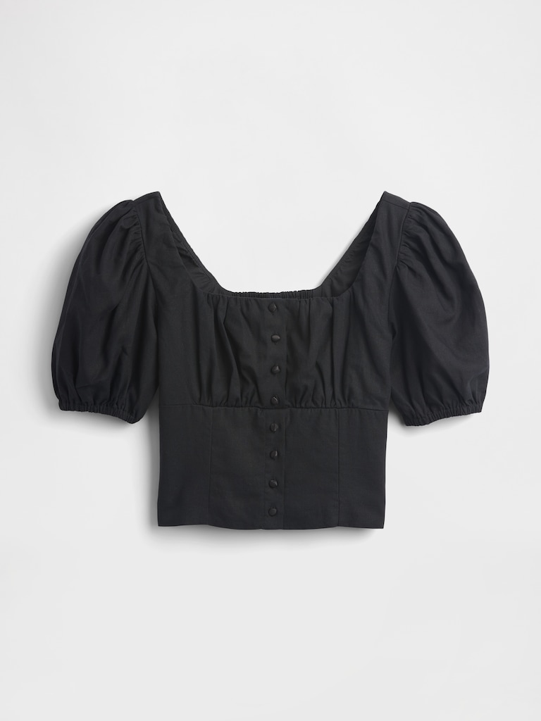 Linen-Blend Puff-Sleeve Crop Corset Top