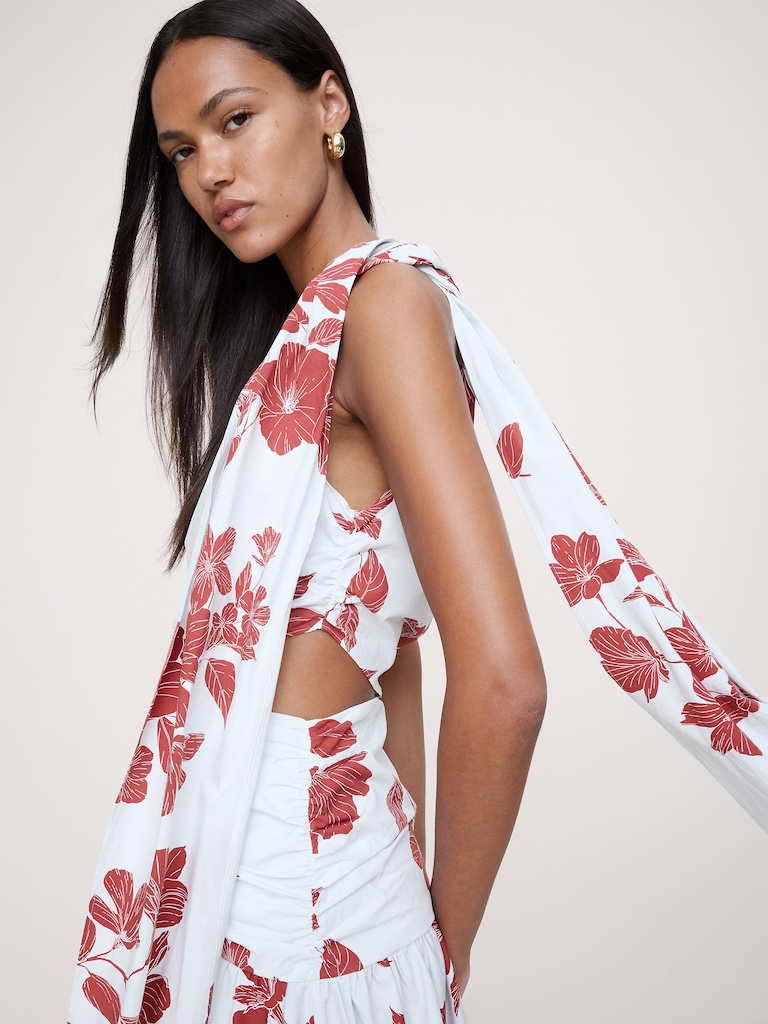 Stretch-Cotton Poplin One-Shoulder Drop-Waist Maxi Dress