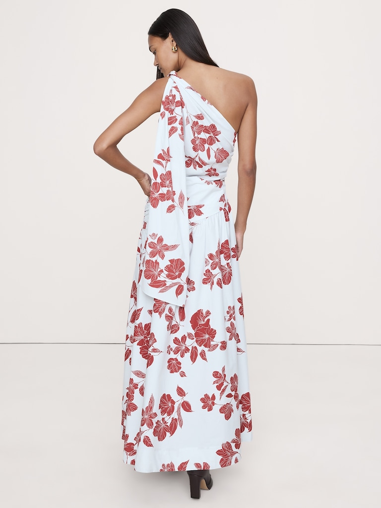 Stretch-Cotton Poplin One-Shoulder Drop-Waist Maxi Dress