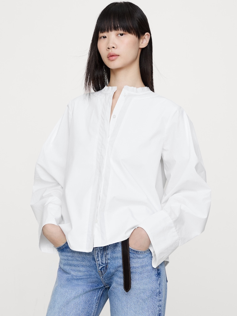 Cotton Poplin Banded-Collar Top