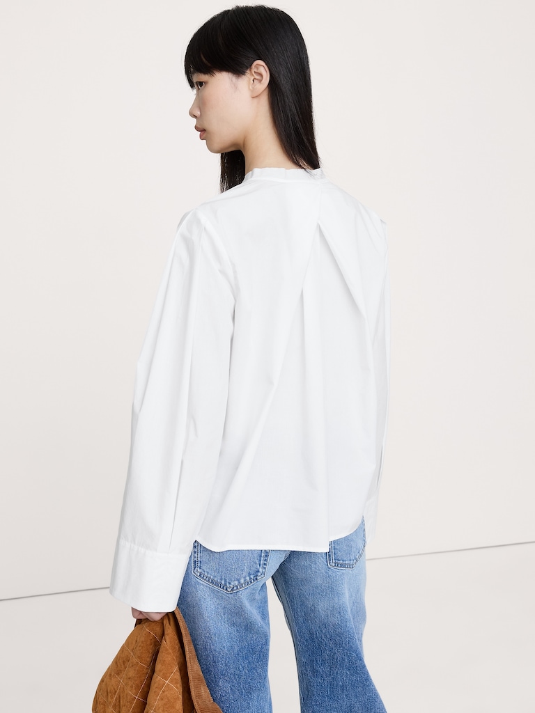 Cotton Poplin Banded-Collar Top