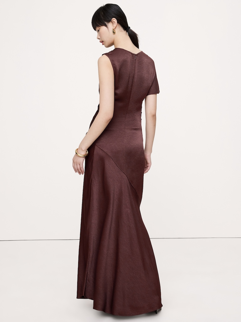 Asymmetrical Hammered Satin Draped Maxi Dress