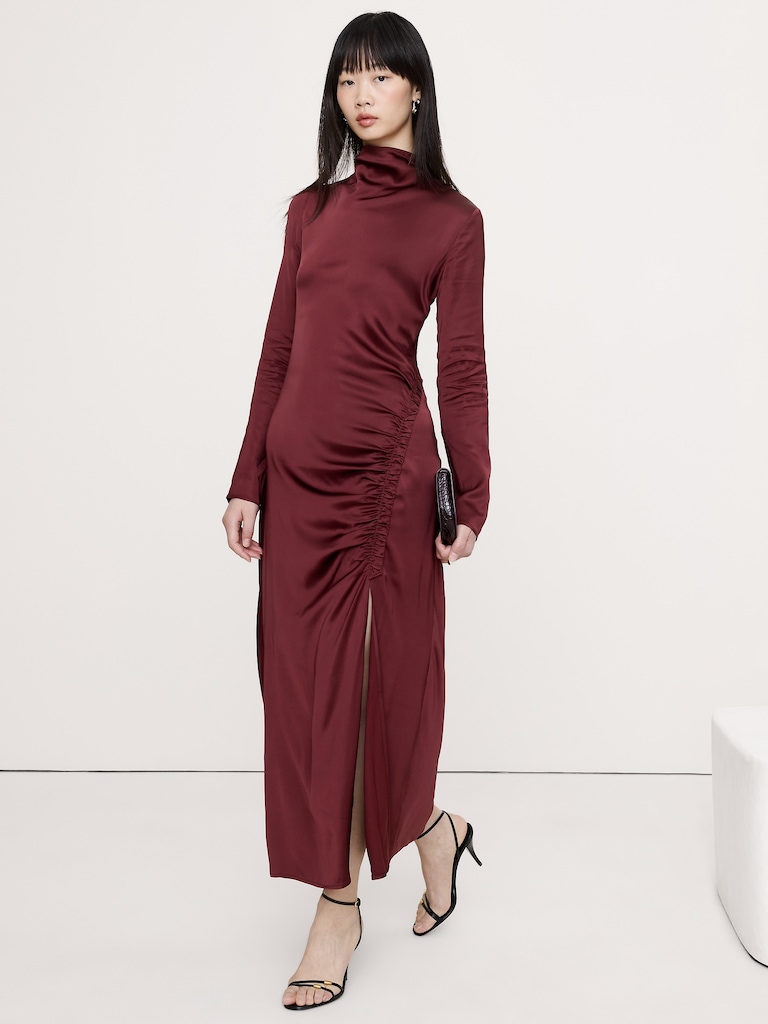 Stretch-Satin Ruched Maxi Dress