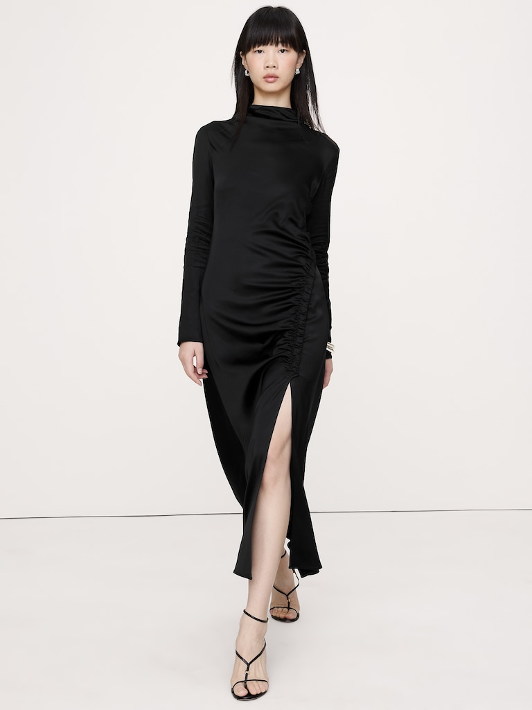 Stretch-Satin Ruched Maxi Dress