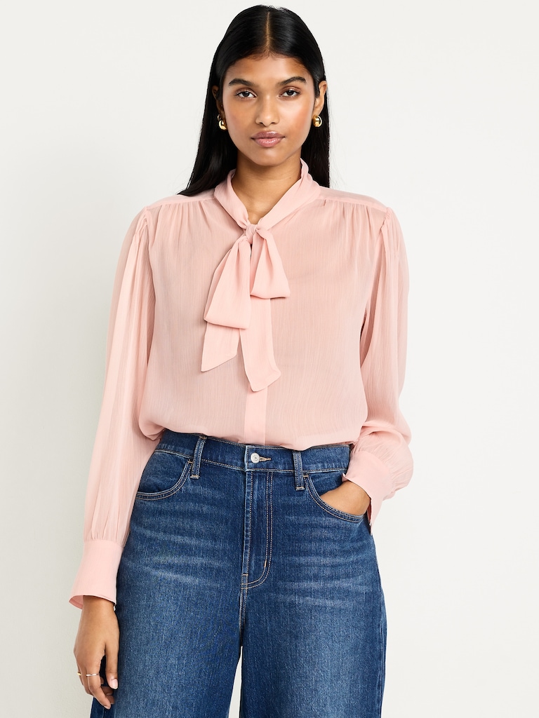 Long-Sleeve Tie-Neck Chiffon Top
