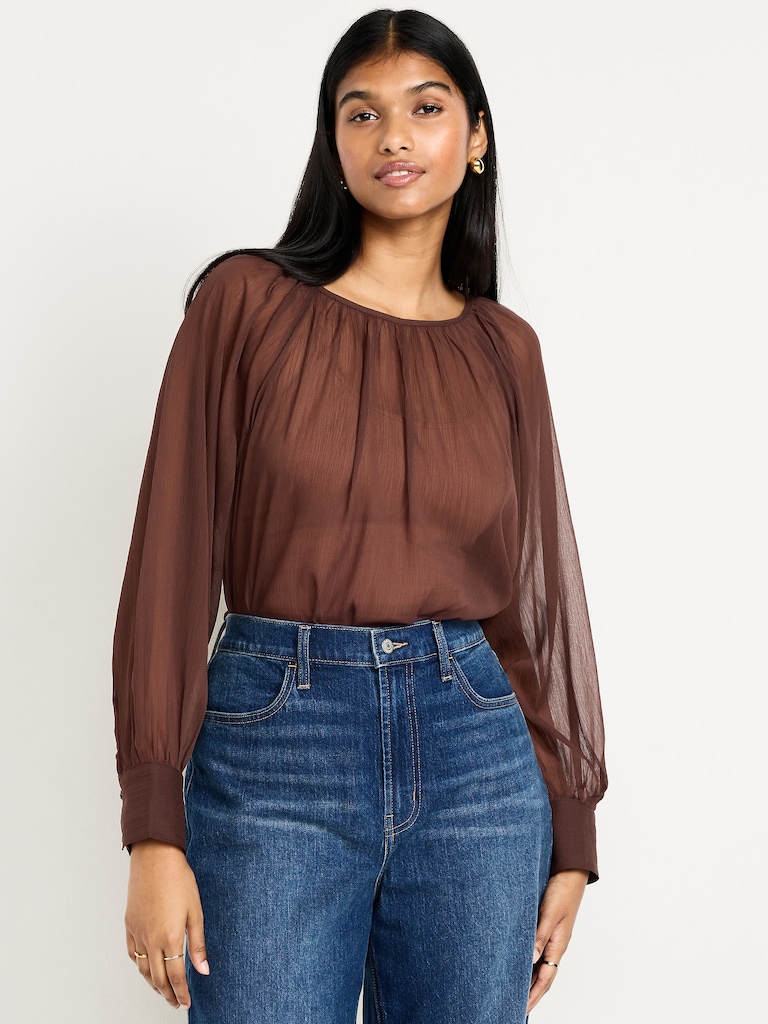 Shirred Chiffon Long-Sleeve Top