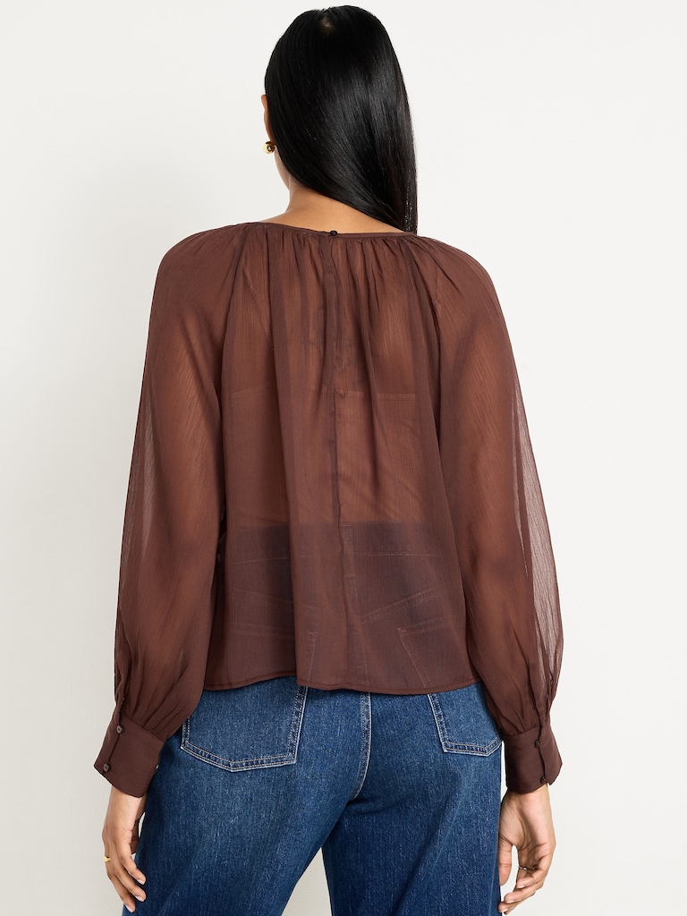 Shirred Chiffon Long-Sleeve Top