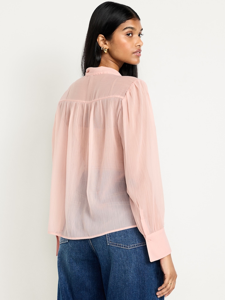 Long-Sleeve Tie-Neck Chiffon Top
